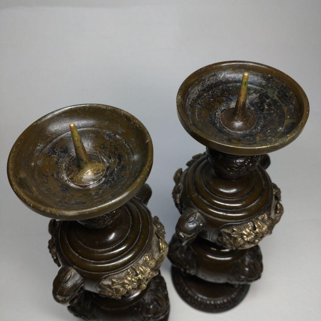 銅製 花鳥図 五具足 在銘／獅子香炉 燭台 花立 法具 仏教 仏壇 彫金 獣耳