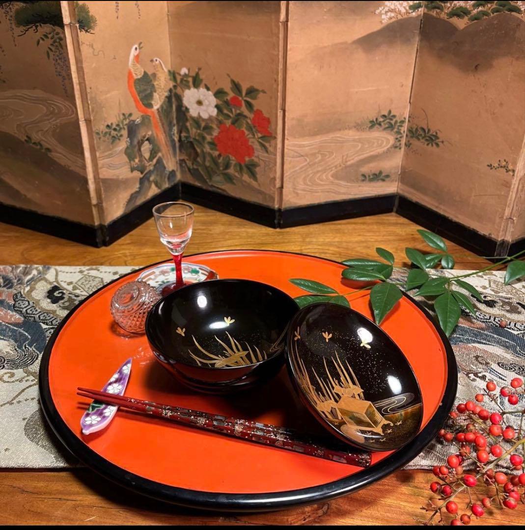 A1060 木製輪島塗　懐石道具　衝羽根に流水菖蒲　蒔絵　2客