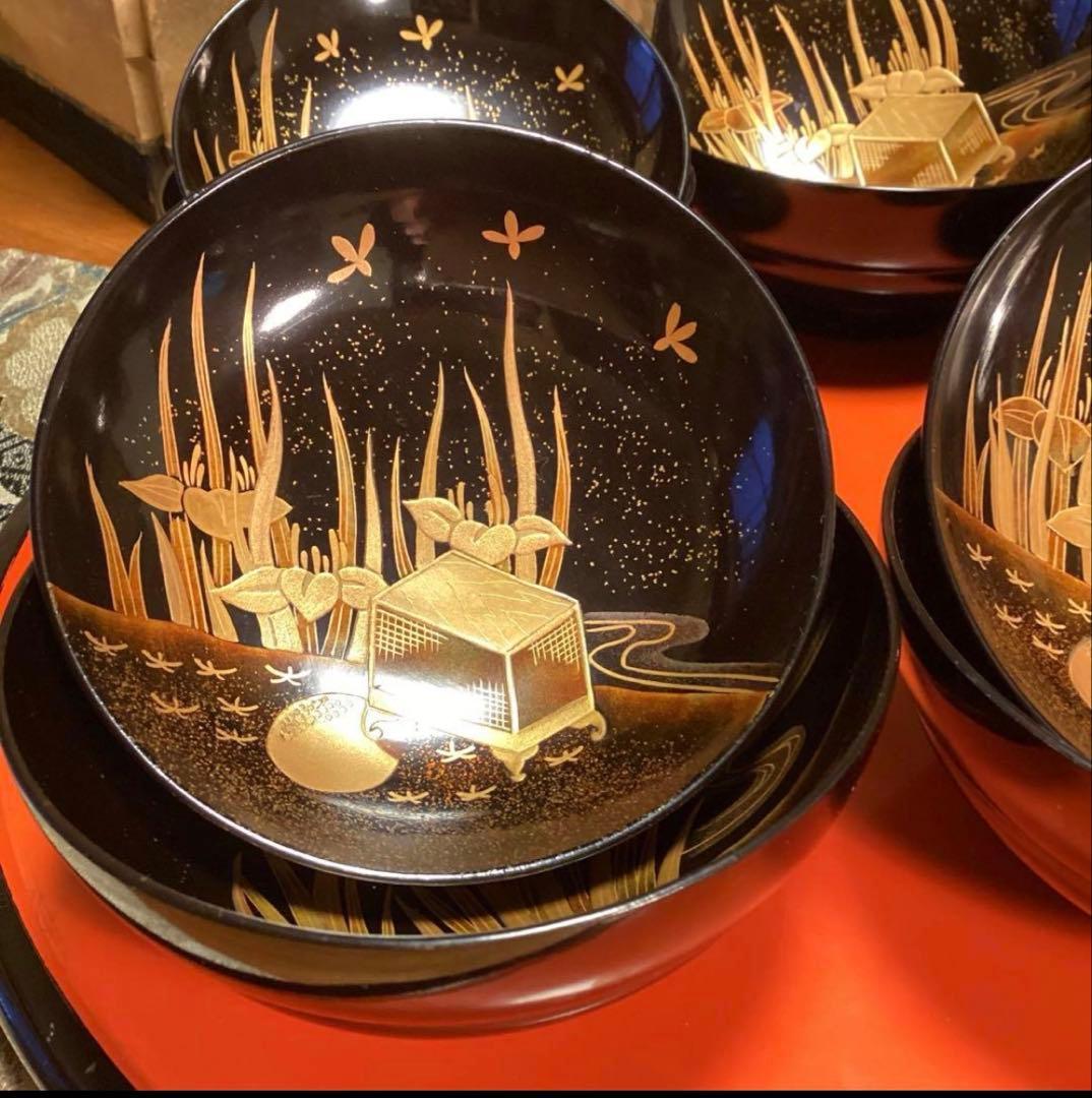 A1060 木製輪島塗　懐石道具　衝羽根に流水菖蒲　蒔絵　2客