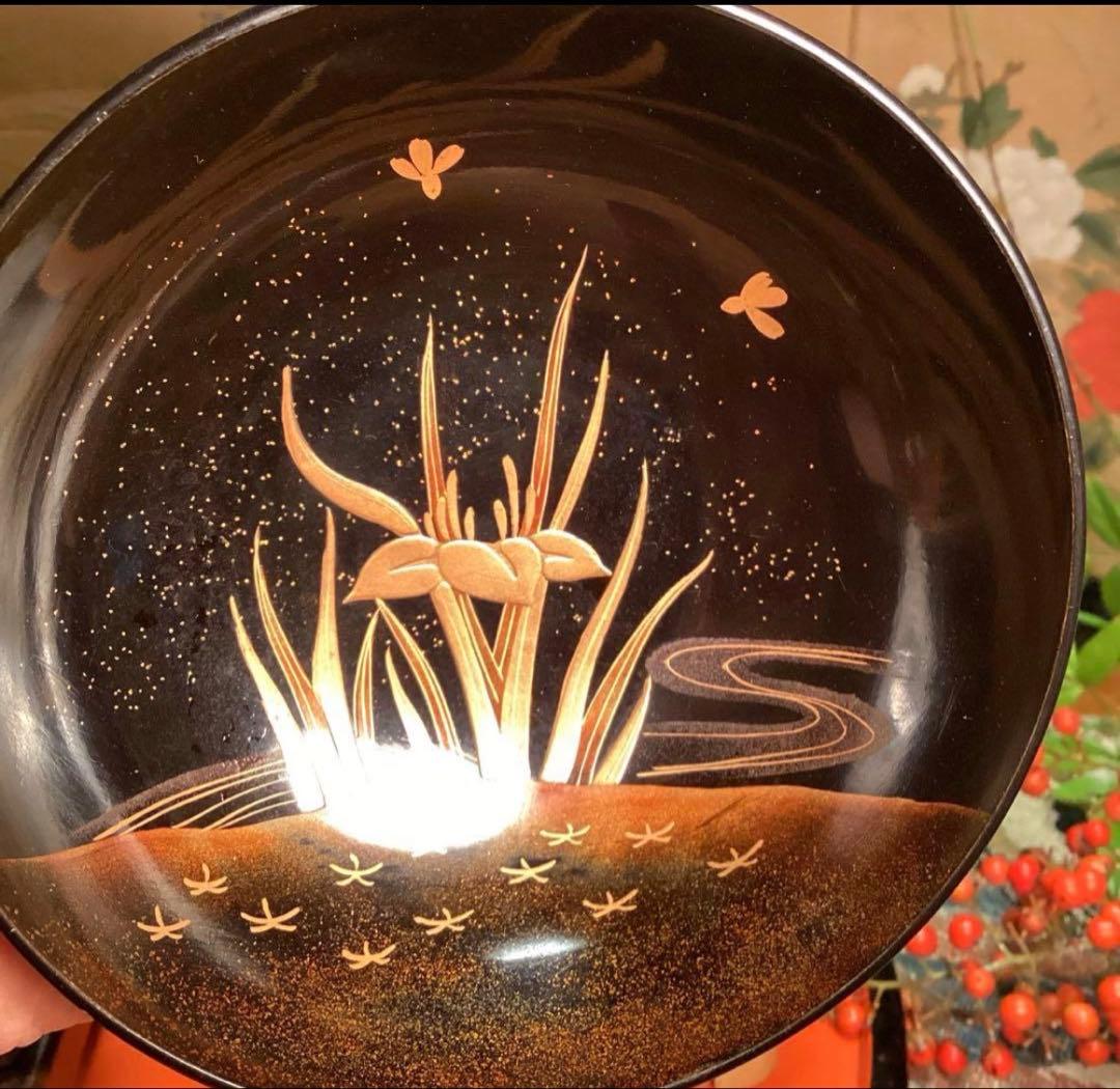 A1060 木製輪島塗　懐石道具　衝羽根に流水菖蒲　蒔絵　2客