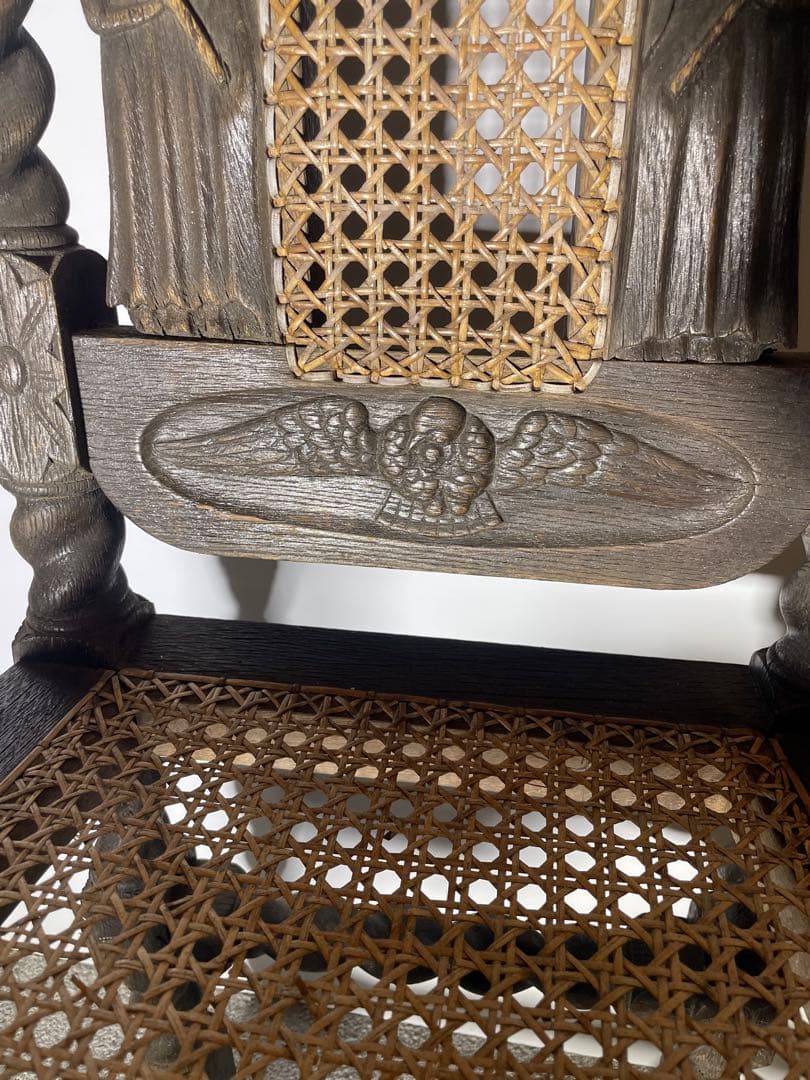 アンティーク ハイバックチェア 聖母子 天使 籐張り ヨーロッパ家具