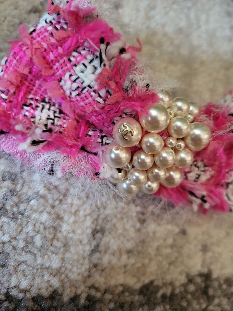 『CHANEL』シャネル　ピンク ツイード パール リボン バレッタ