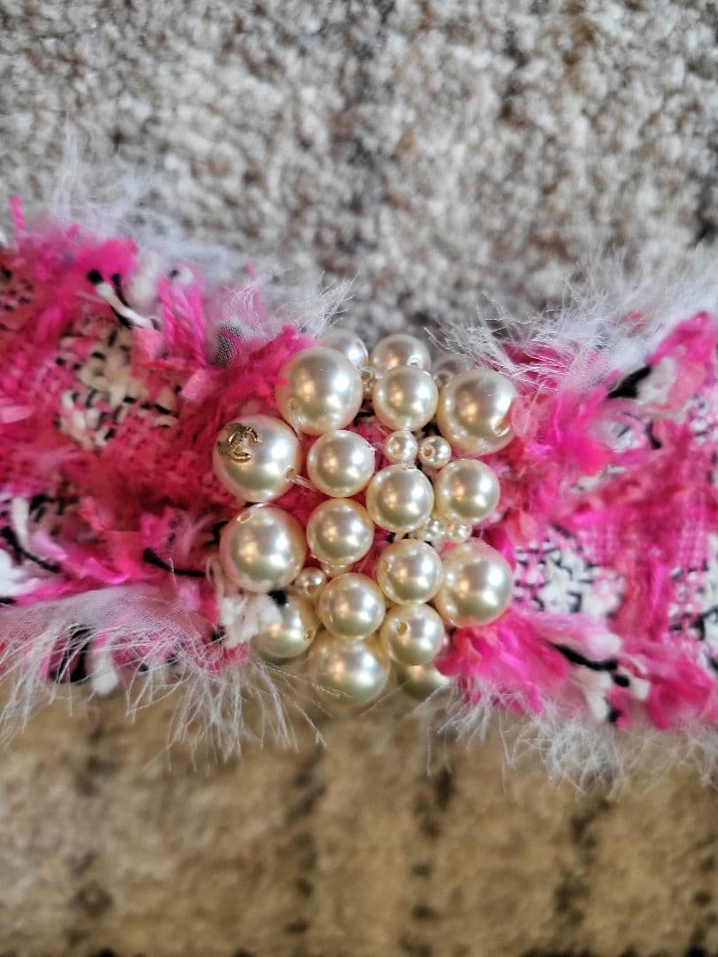 『CHANEL』シャネル　ピンク ツイード パール リボン バレッタ