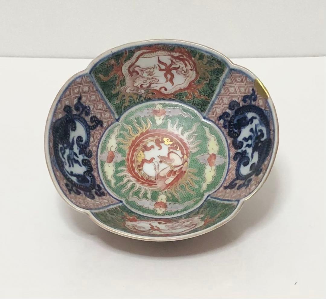継続出品 江戸時代 有田焼 献上 古伊万里 色絵 団鳳凰雲龍文 木瓜型小鉢