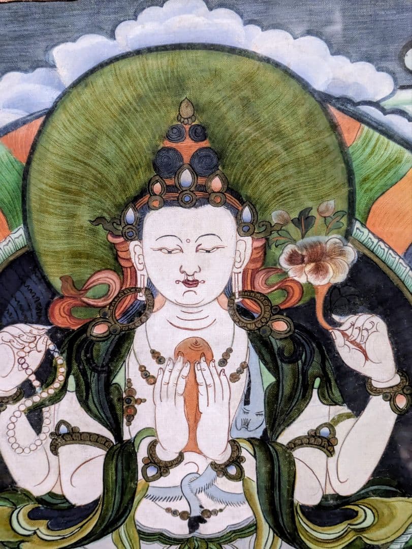 おうまい！四臂観音菩薩 タンカ 手描き シルク仕立 額装 チベット　曼荼羅