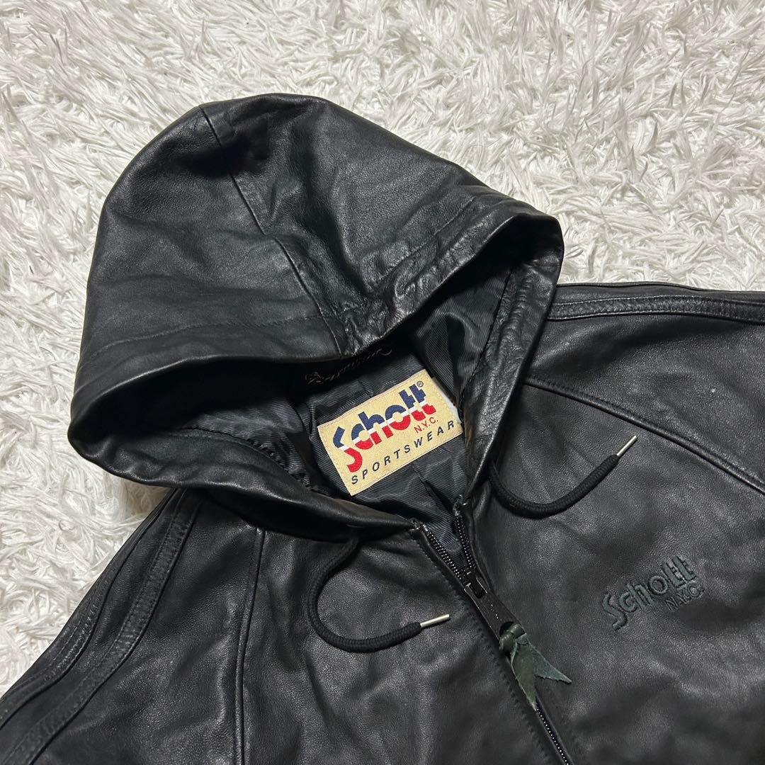 【美品】Schott ショット ラム レザージャケット トラックフーディー 黒