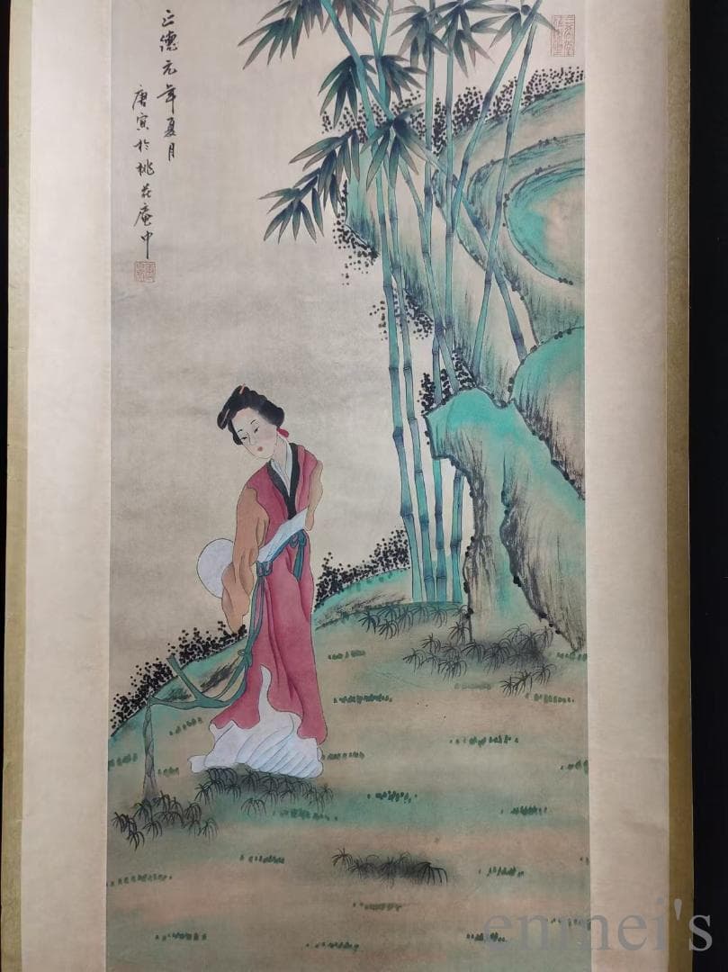 中国古美術.唐寅款.侍女図.宣紙画.三尺手描き.肉筆.絵画.書道.巻き物.旧蔵出