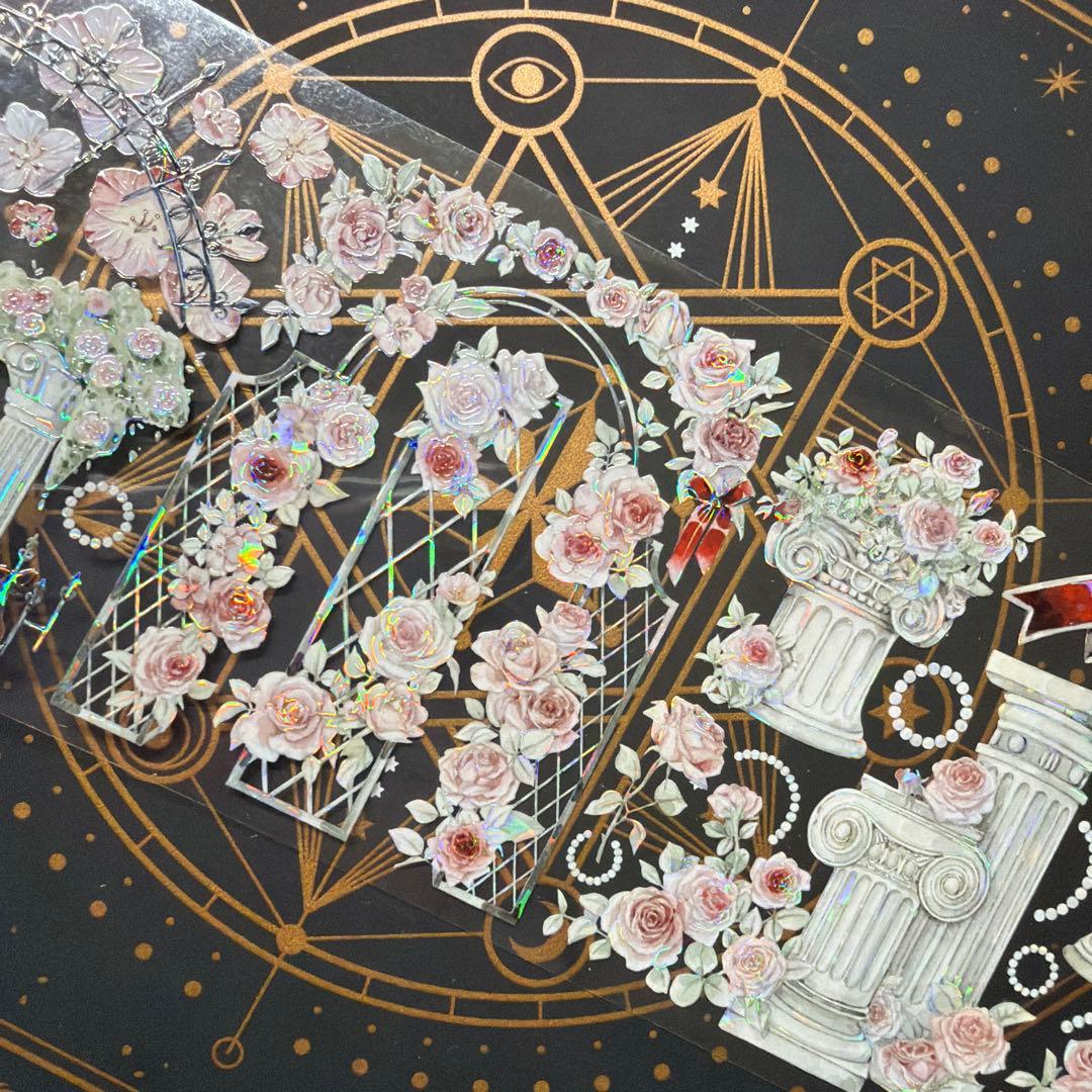 【8956】海外　マステ　中古巻　貝殻光マスキングテープ　バラ　ユリ　装飾系