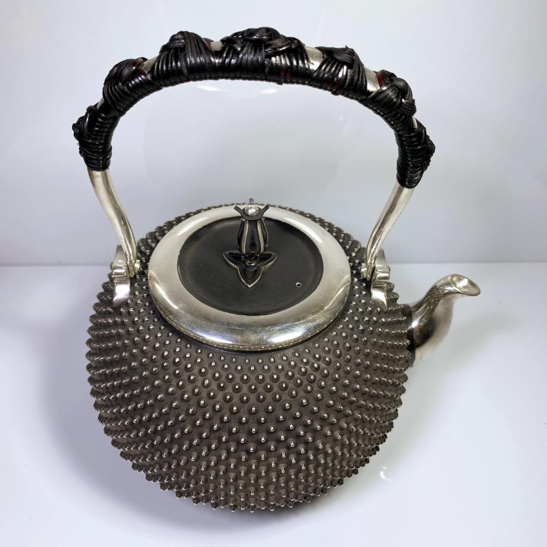 純銀製 光南 霰打出 湯沸 蕾摘 薬缶 銀瓶 煎茶道具 箱付