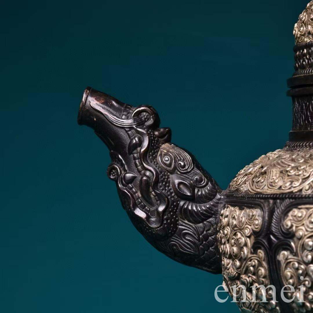 中国古美術・チベット収蔵・純銅鍍銀「吉祥八宝」バター茶壺・純手作り・急須・茶壺