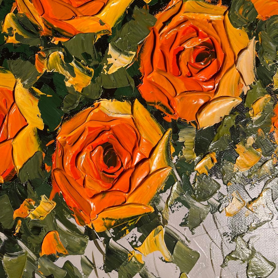 ★特大秀作★ 手書き油絵 イエローローズ 肉筆絵画 額付き インテリア 油彩画