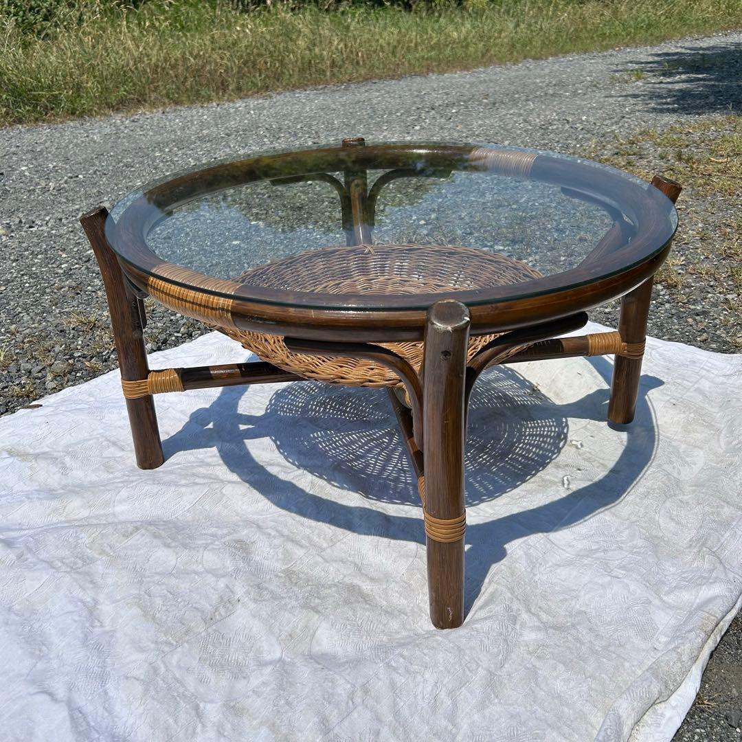 ラタン　ガラス　センターテーブル　リビングテーブル　70cm アジアンテイスト