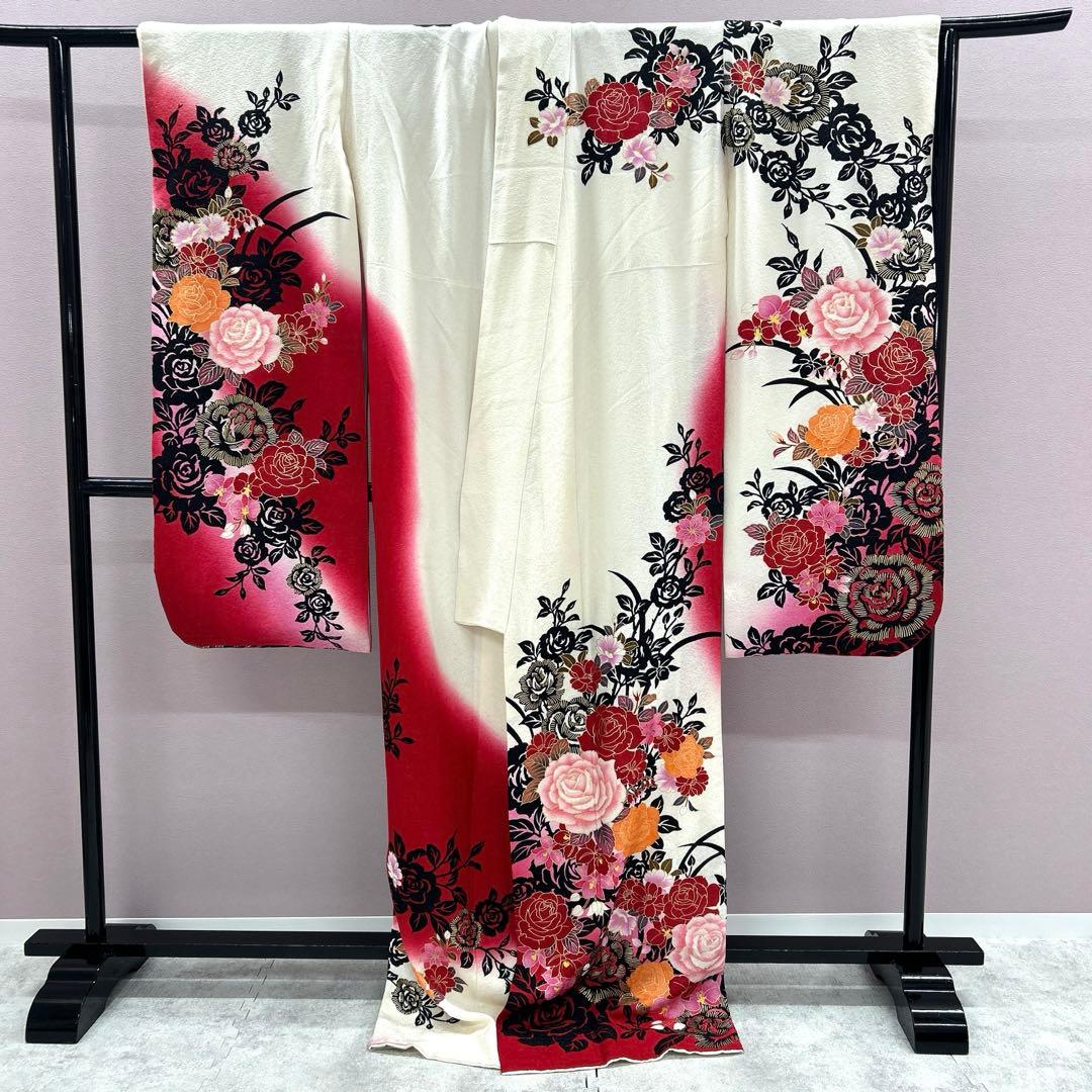 《美品》振袖　単品 A No.403 白赤ラメ　中振袖150〜160cm