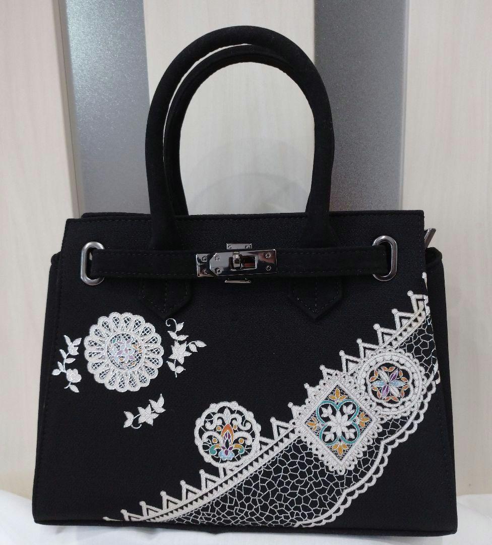 OKAJIMA 岡重 ハンドバッグ 鞄 手提げ 刺繍 黒 和装