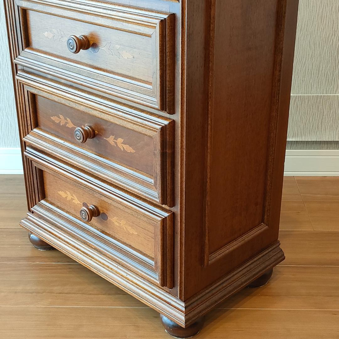 象嵌　アンティーク　キャビネット　丸脚　木製　引き出し3杯