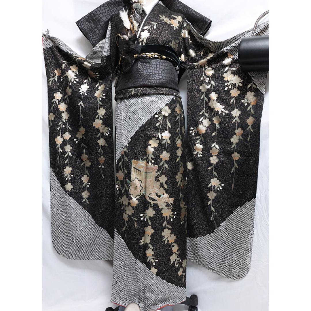 【良好】◆ 振袖6点セット ◆丈165cmフルセット黒帯新品成人式絞りTu49