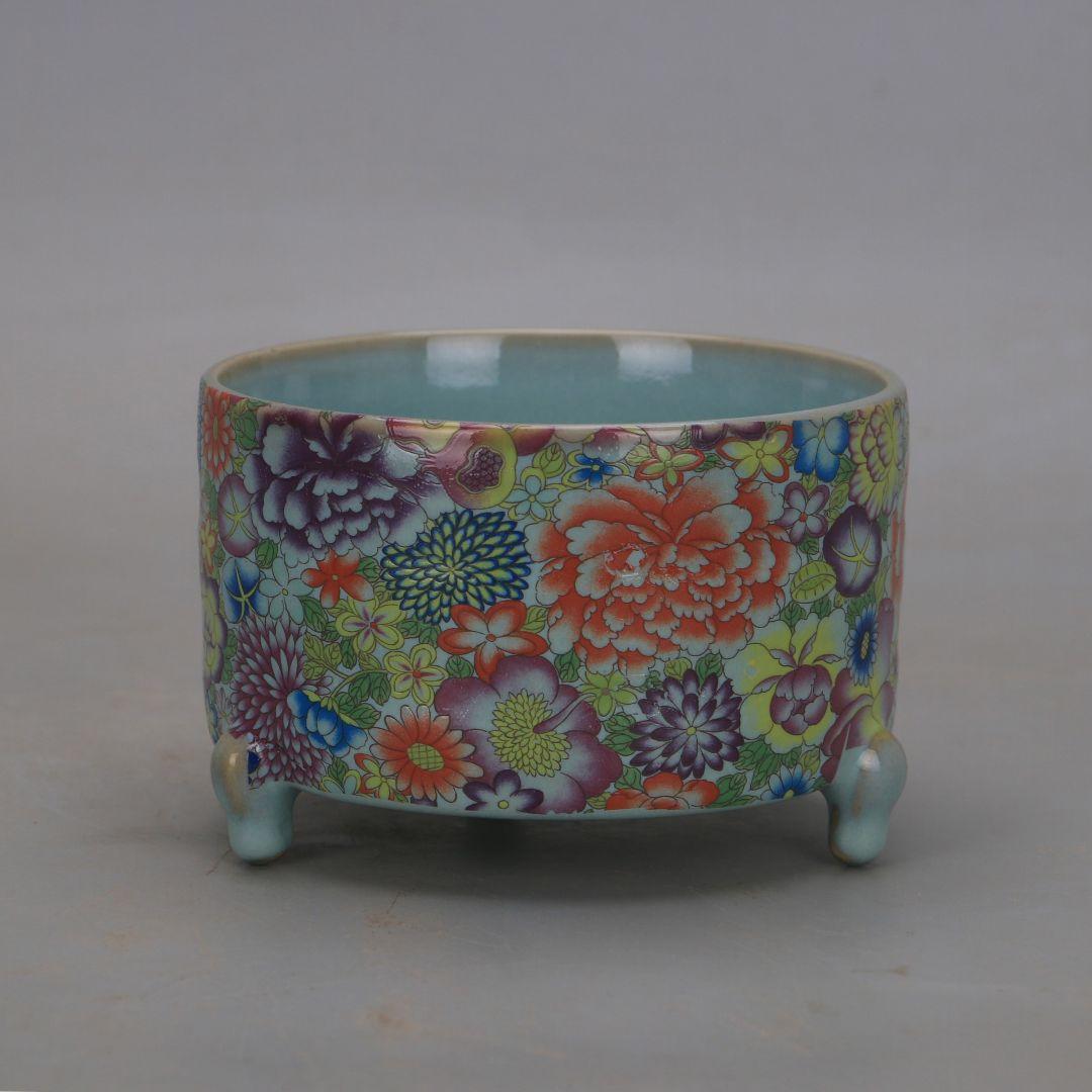 万花満工パステル三足香炉 景徳鎮 陶磁器 装飾品 現代工芸品 美術品 置物