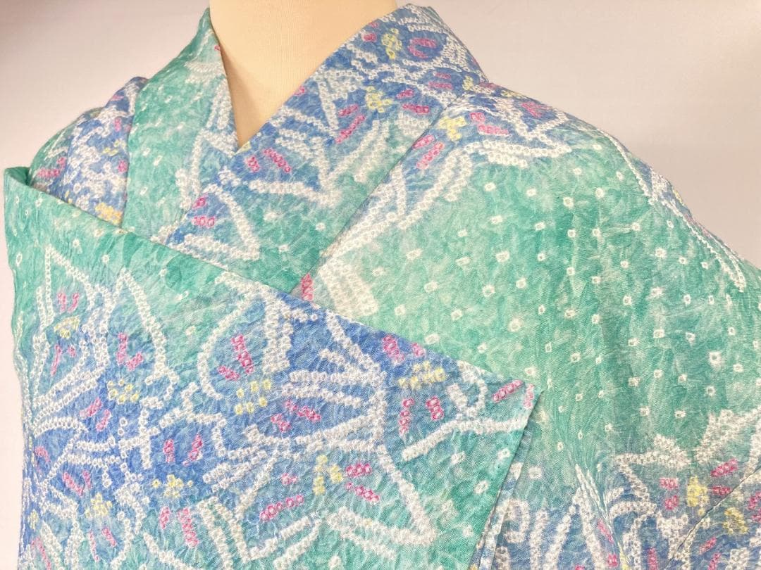 有松絞り【浴衣】蝶 綿 夏着物 黄緑 水色 赤 黄 白 パステルカラー 099