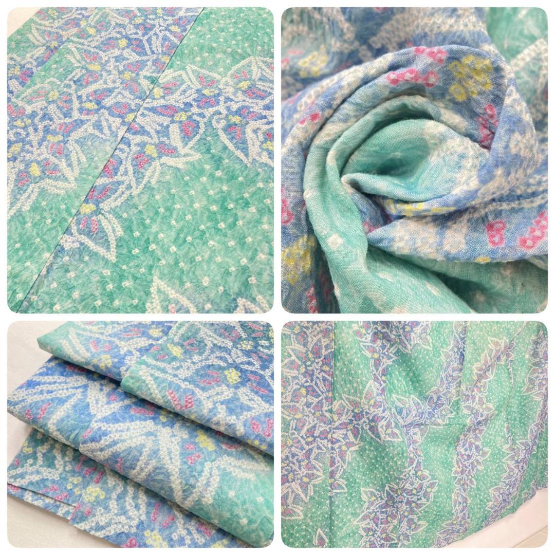 有松絞り【浴衣】蝶 綿 夏着物 黄緑 水色 赤 黄 白 パステルカラー 099