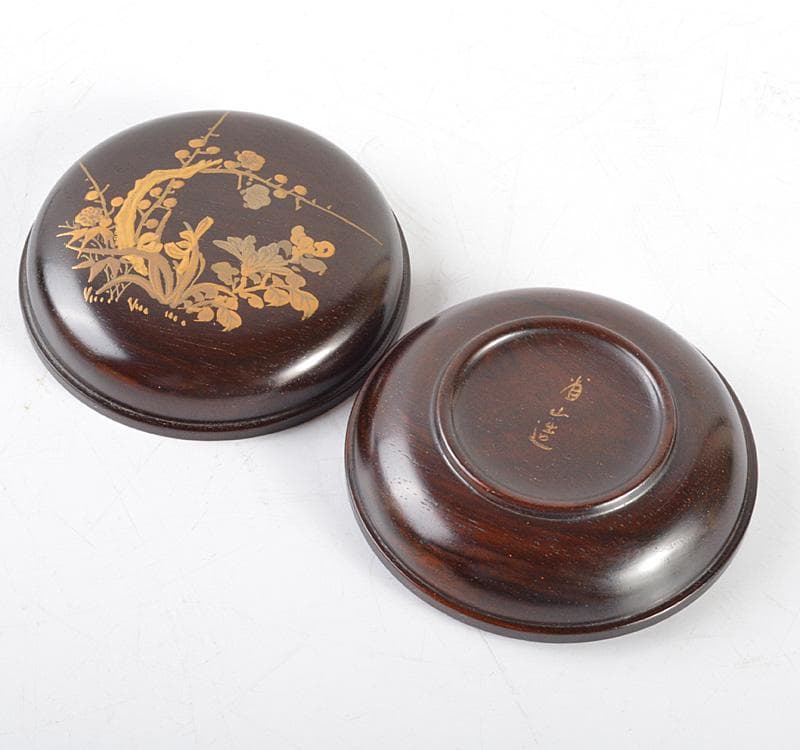 茶道具　荒木省山造　紫檀製　金蒔絵四君子文　香合　共箱　VR4771