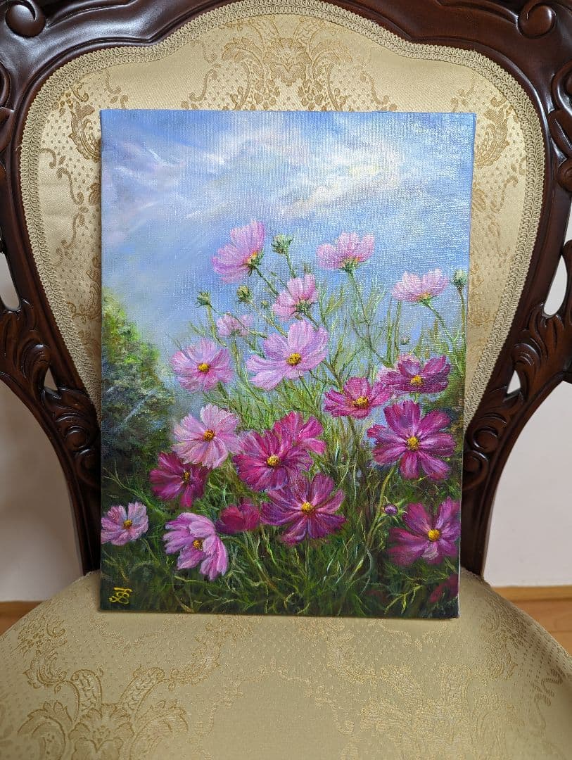 コスモス　風景画　painterTMK真筆　花風景画　肉筆　花絵画　油絵