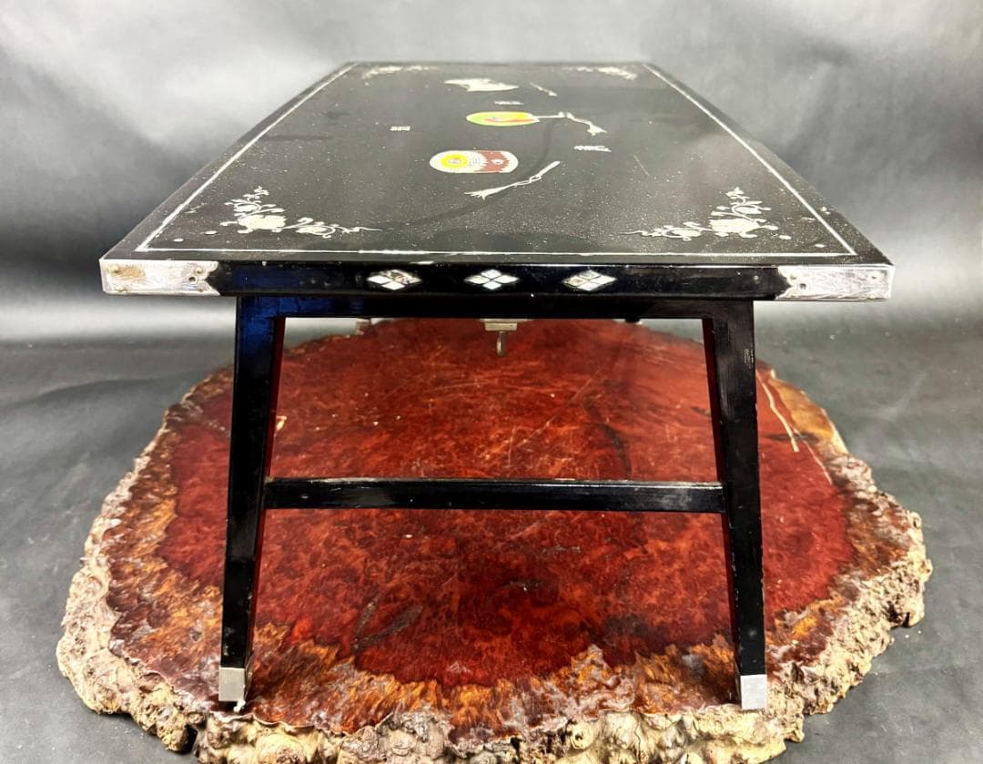 時代物 黒漆 木製青貝螺鈿装飾折り畳み式座卓 伝統工芸 唐木 茶道WWWT115