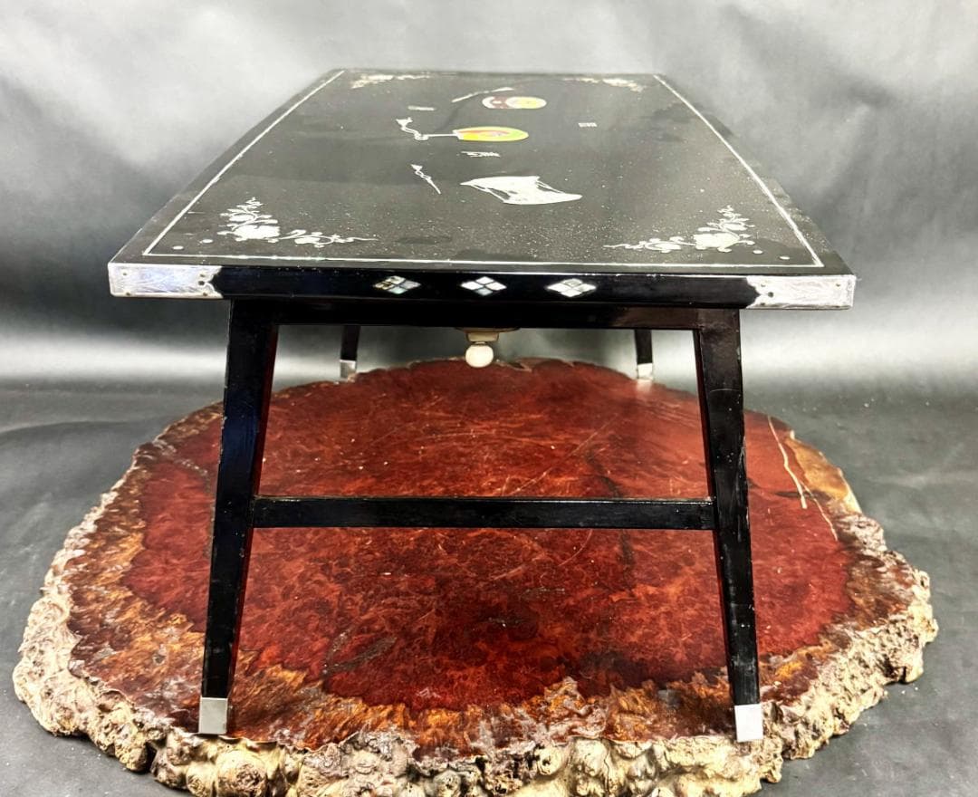 時代物 黒漆 木製青貝螺鈿装飾折り畳み式座卓 伝統工芸 唐木 茶道WWWT115