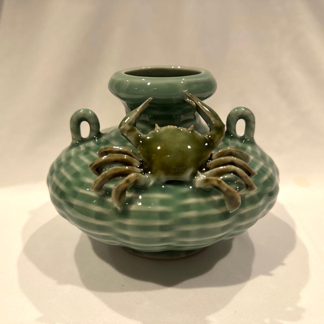 中国美術 明州越窯青磁 蟹 飾り壺 カニ 花瓶 花器 花入 青磁器 古美術品