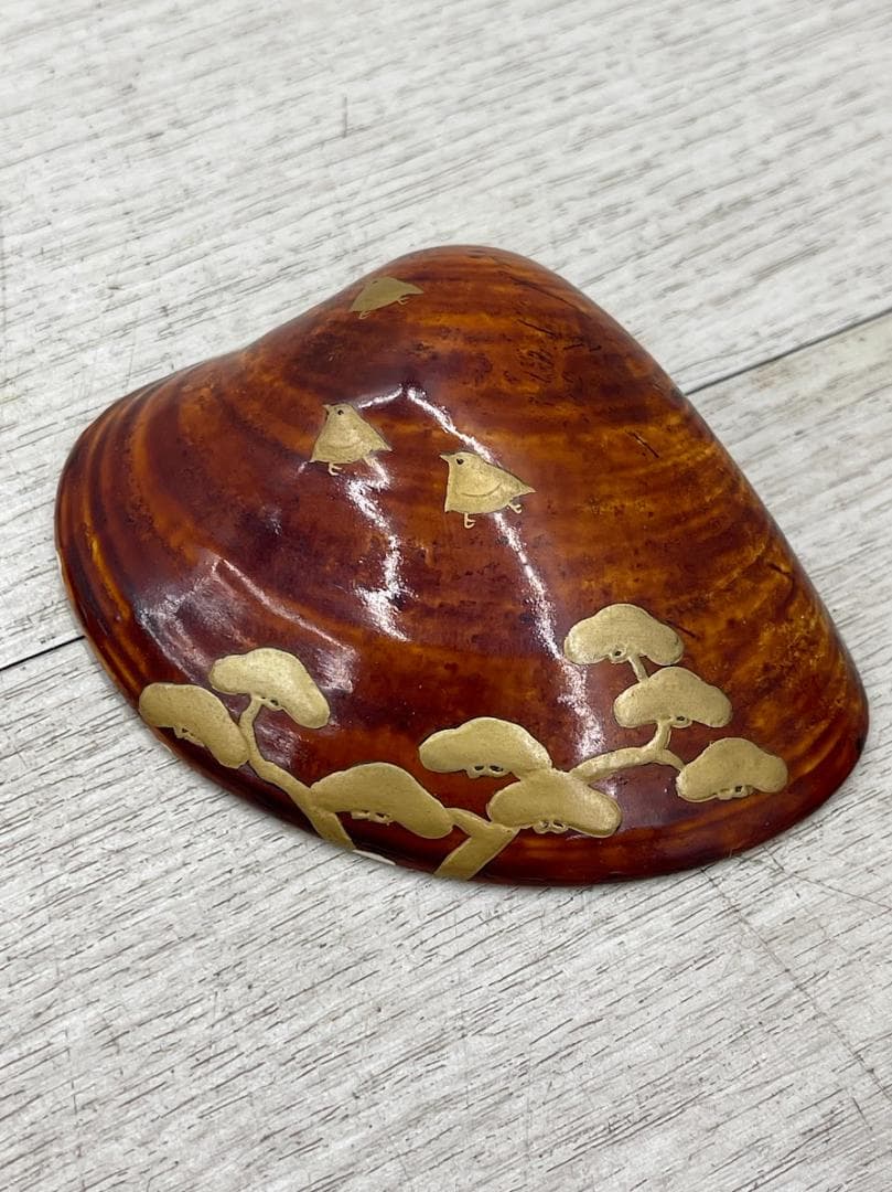 未使用 蛤 香合 蒔絵付 茶道具 内金 共箱 波 松 鳥 抹香 練香