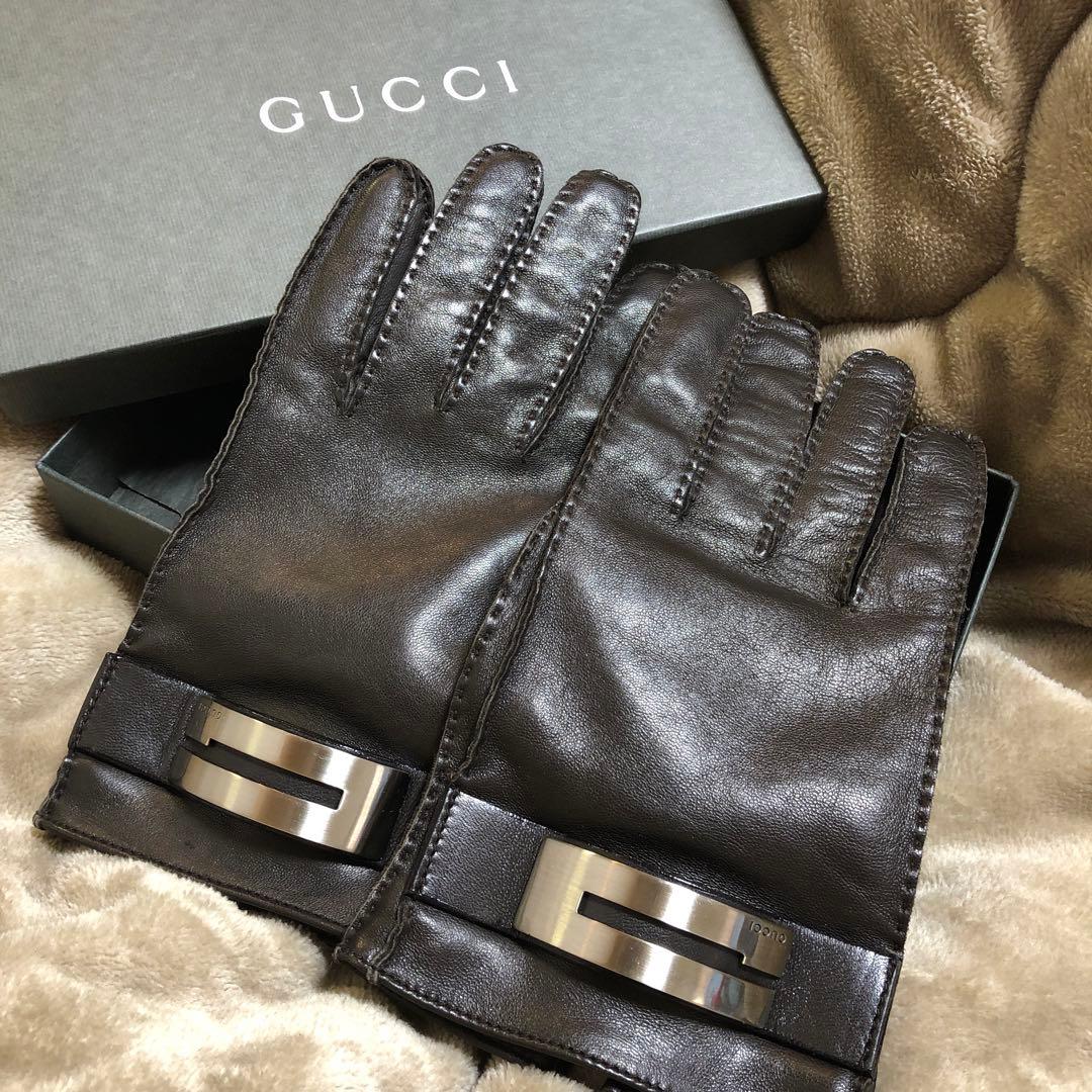 GUCCI レザー手袋 ブラウン 金属バックル付き