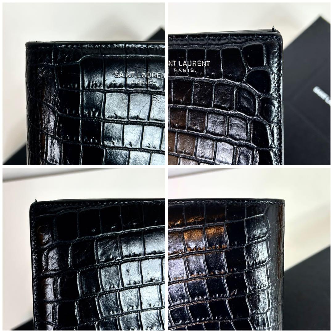 【たかえもん　付属品完備】サンローラン 長財布 黒 クロコ型押し レザー