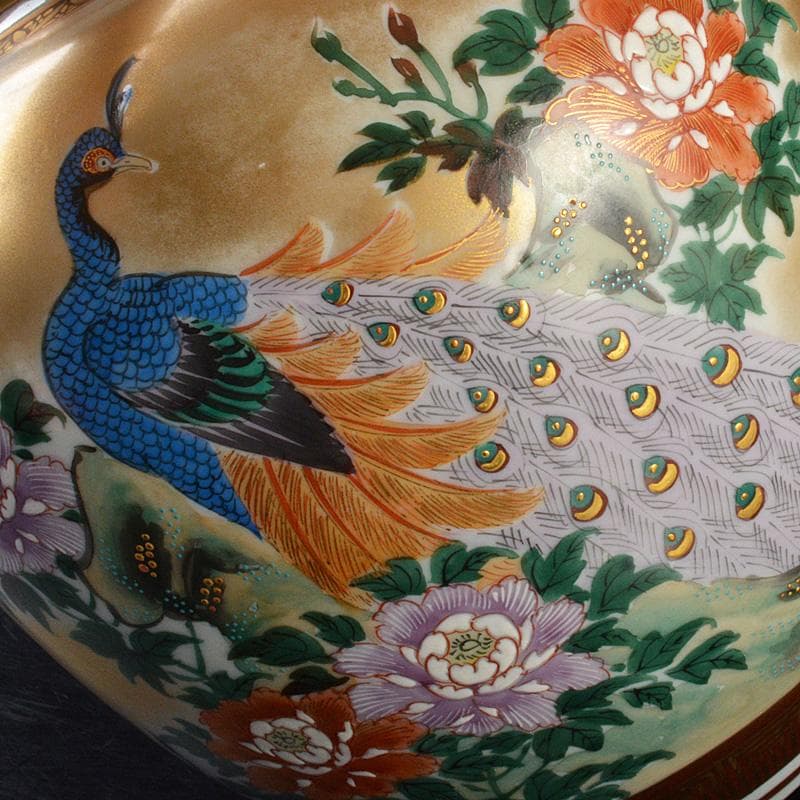 九谷焼　仲田錦玉作　色絵金彩牡丹孔雀文壷　花瓶　V　5818C