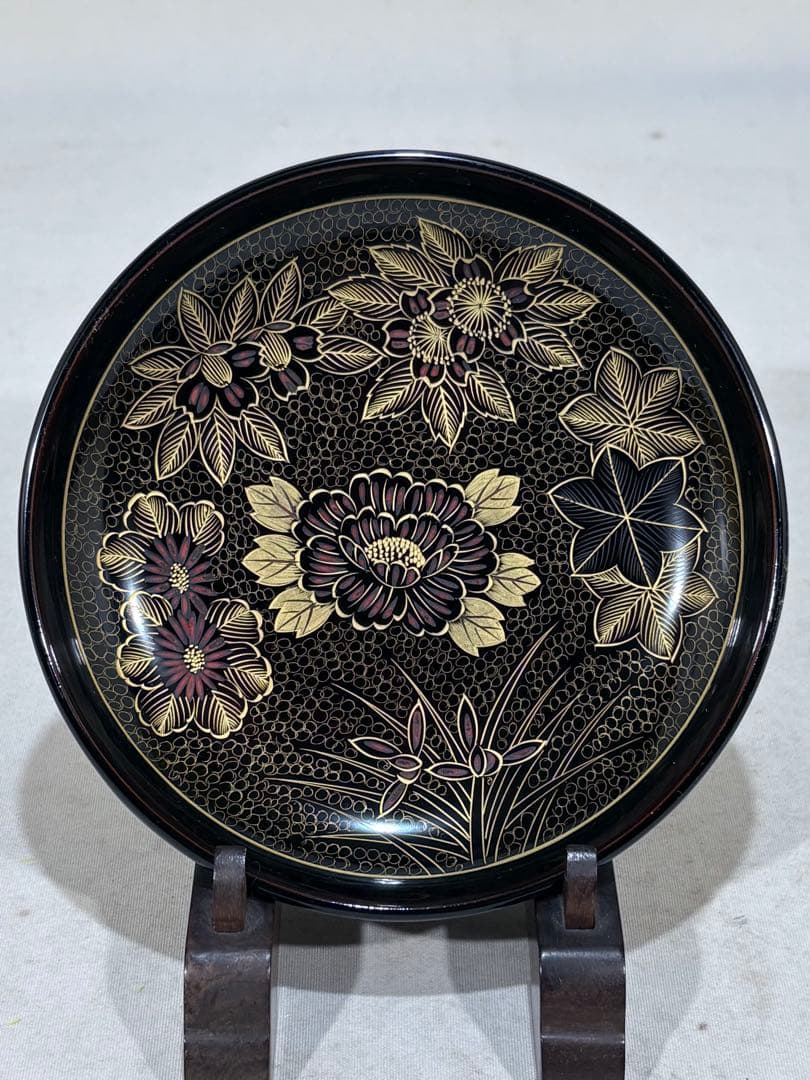 ①輪島塗　塗師 精斎 沈金師 満斎　草花刻菓子皿五客　美品　共箱　送料込