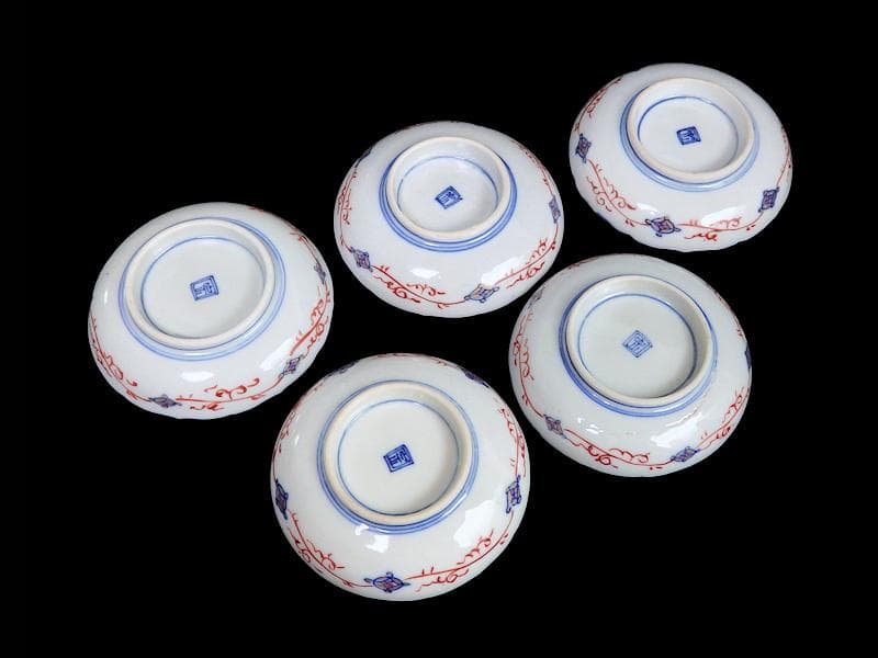 古伊万里　金襴手　鶴に七宝紋の図　4寸皿　5枚　D048AS-DAr