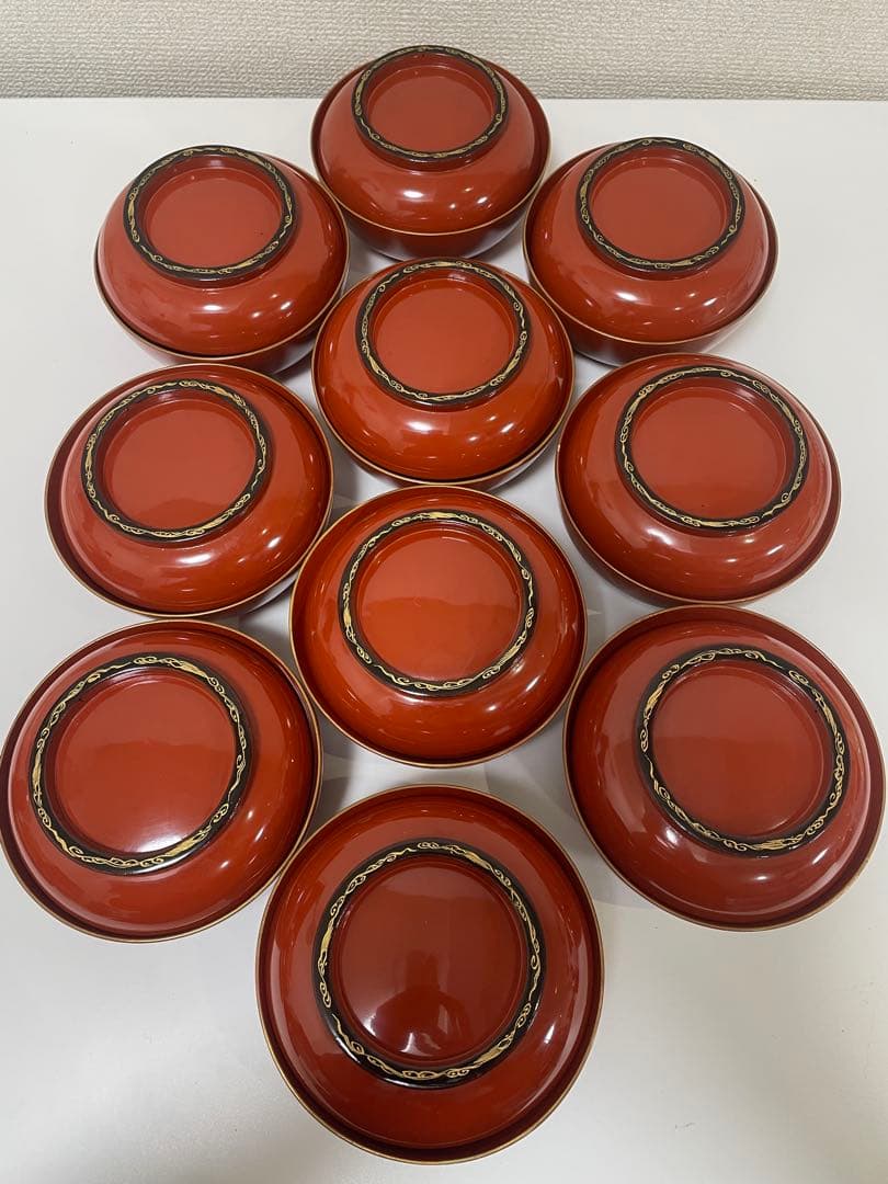 漆器 朱色 椀 10客 金縁 黒縁 輪島塗 吸物椀 蓋付 無地 金彩模様