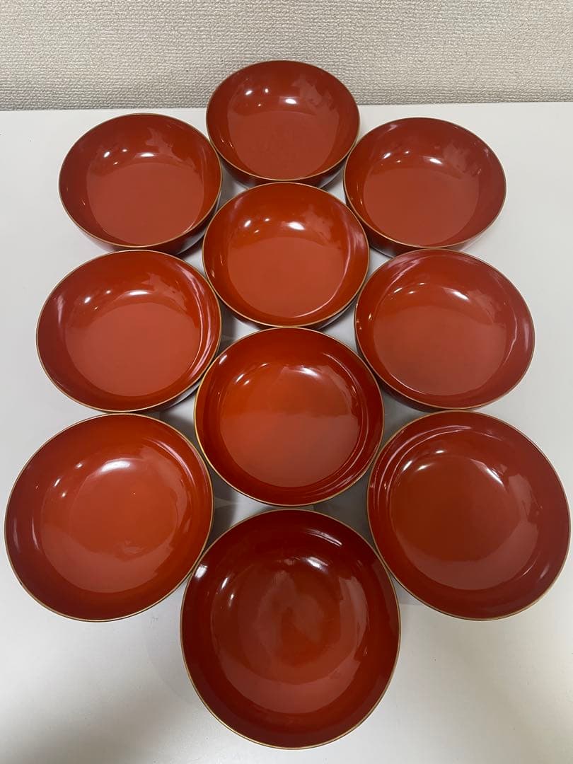 漆器 朱色 椀 10客 金縁 黒縁 輪島塗 吸物椀 蓋付 無地 金彩模様