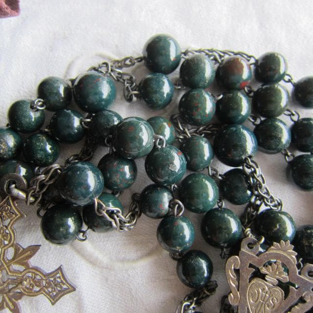 フランスアンティーク 純銀製 ロザリオ 透彫 革ケース付