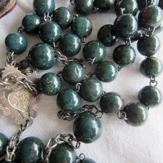 フランスアンティーク 純銀製 ロザリオ 透彫 革ケース付