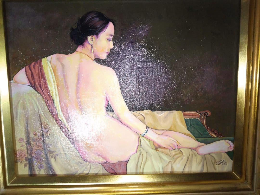 森本草介、絵画、裸婦、油彩６号、憩いの時、高級額縁、肉筆
