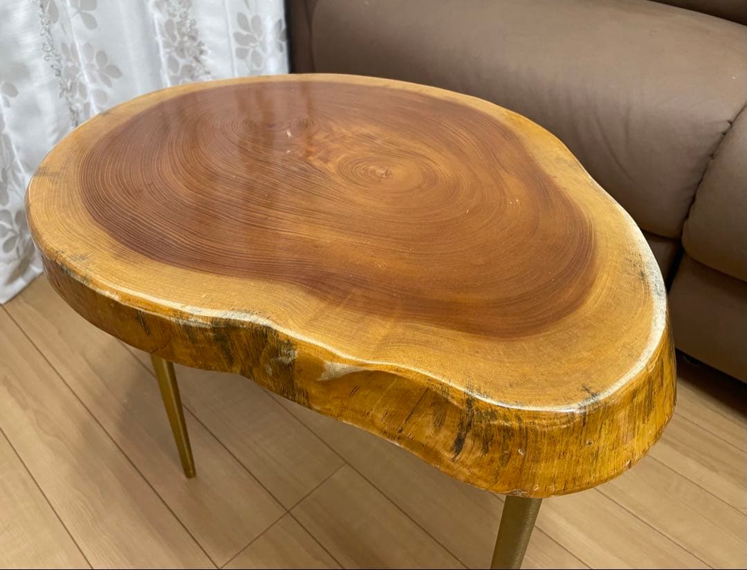 一枚板テーブル　幅53cm ゴールド色アイアン脚　サイドテーブル　無垢材