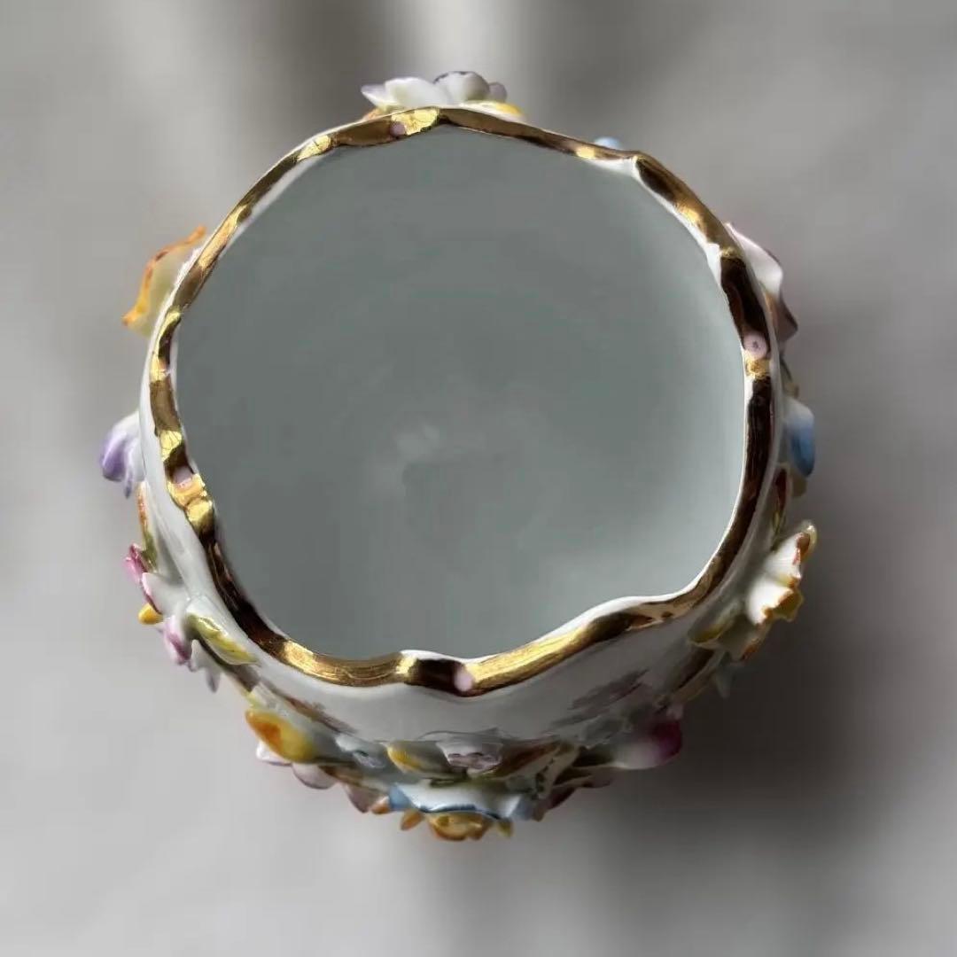 ドイツ ドレスデン風 陶器 花装飾 卵型 花器 金彩 脚付き ヴィンテージ