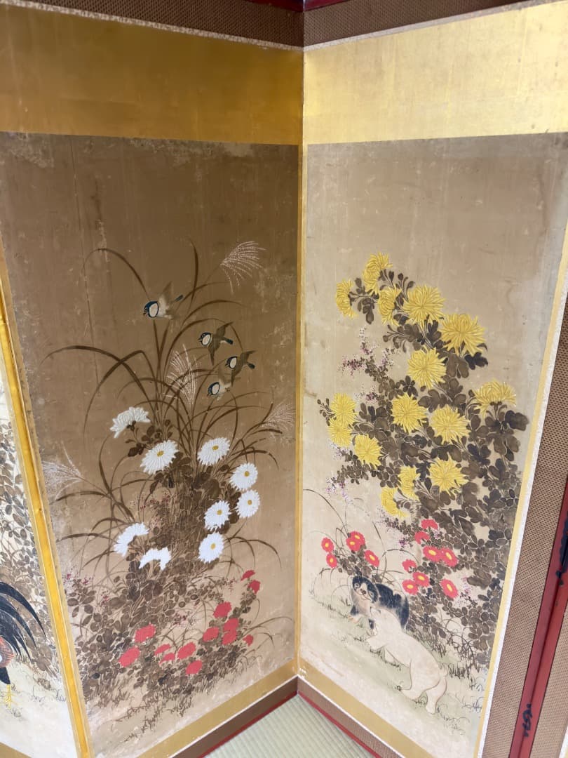 明治後期 六曲 一 双屏風 金沢金箔 猫犬絵