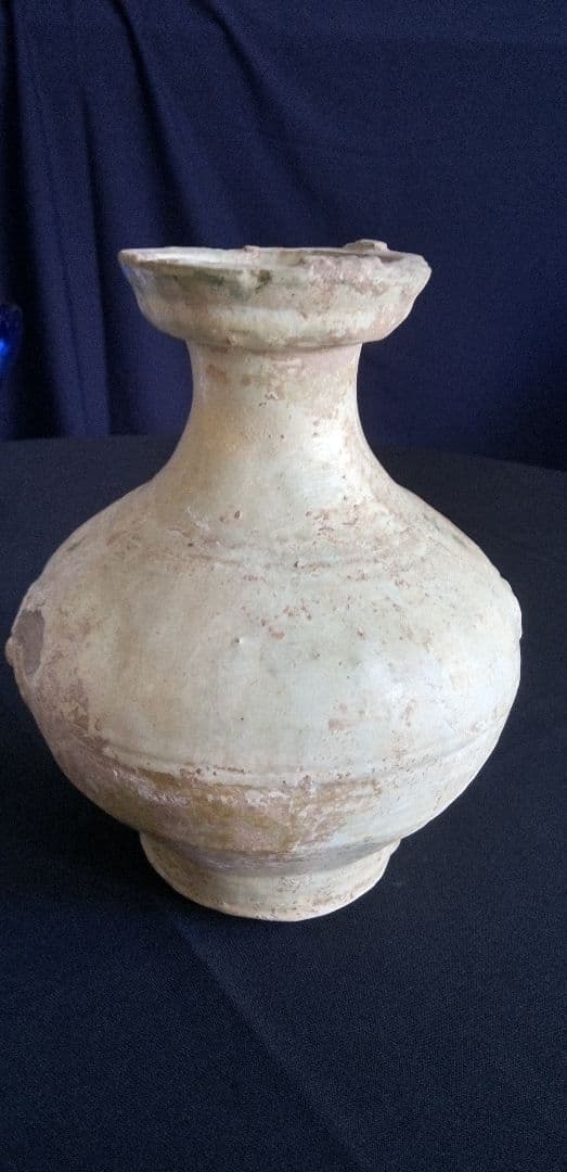 中国古陶器製瓶型 、緑釉双耳、緑釉銀化 高さ約20cm