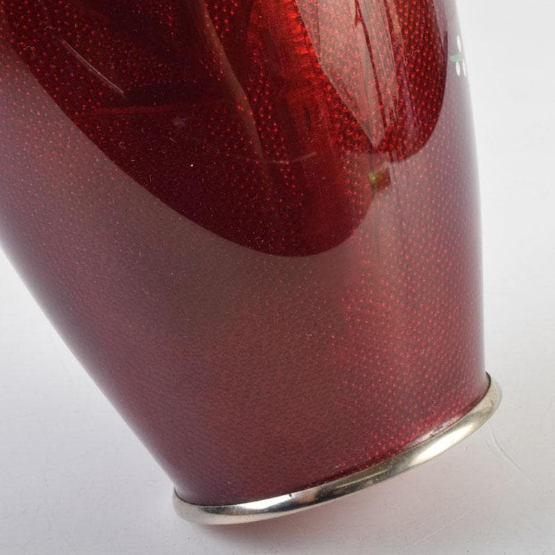 七宝焼　赤透釉　四君子文　花瓶　唐木台付　共箱　V　9132