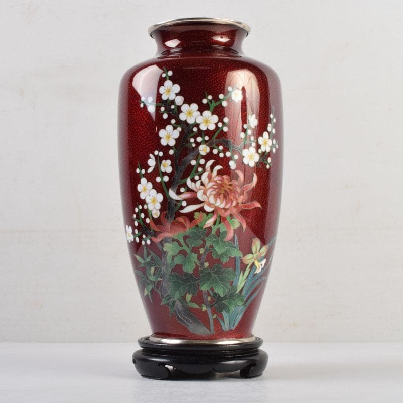 七宝焼　赤透釉　四君子文　花瓶　唐木台付　共箱　V　9132