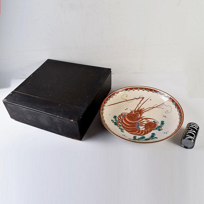 九谷焼　古九谷　色絵　海老文　大皿　飾皿　直径約36㎝　時代箱付　VR8142C