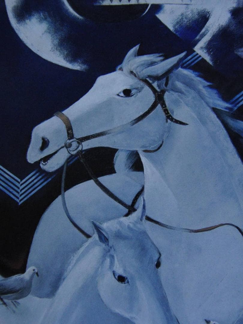 栗林今朝男、【白馬に幸あれ】、希少な額装用画集より、新品額装付