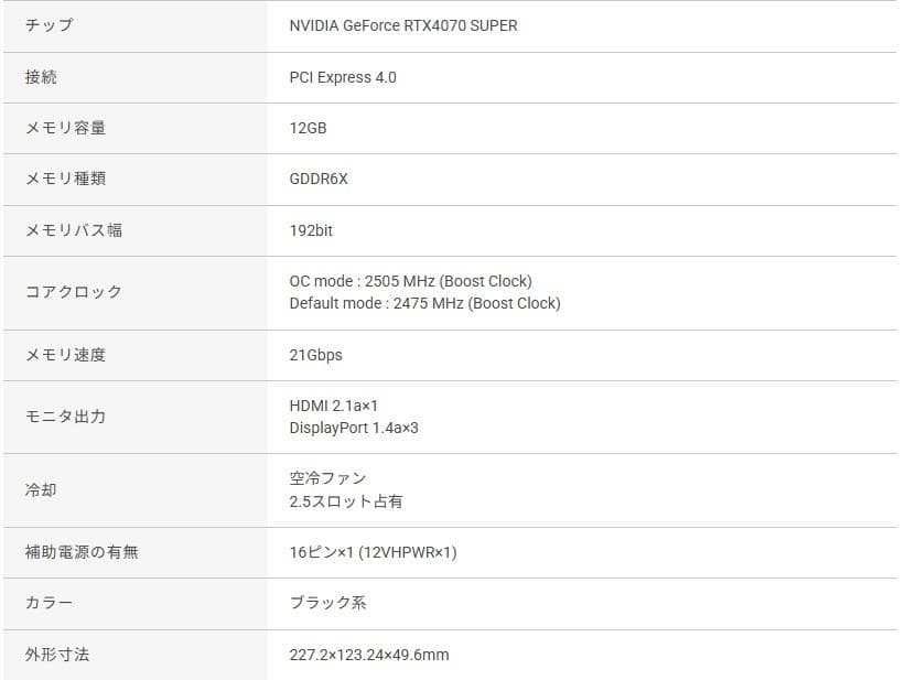 グラフィックボード・グラボ・ビデオカード RTX4070Super 12GB
