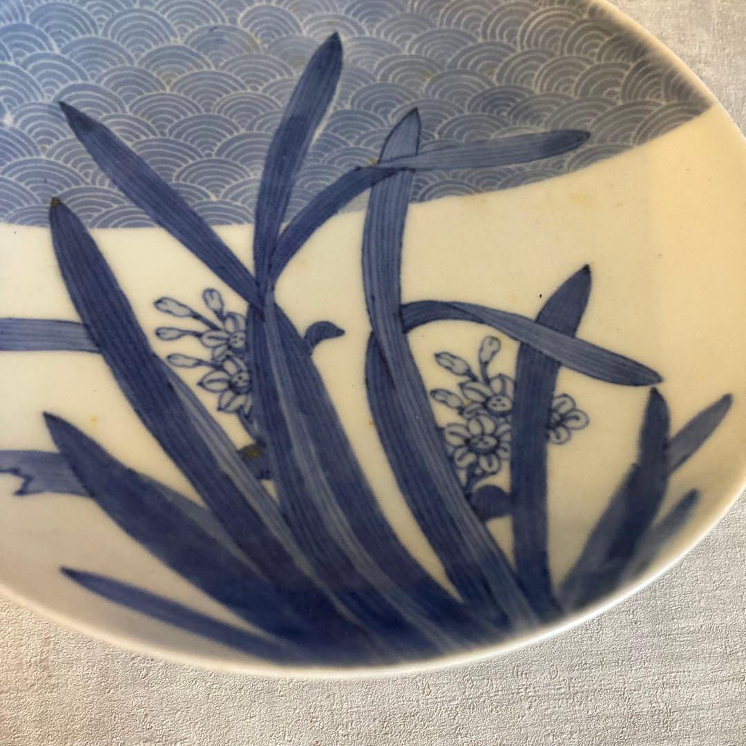 藍鍋島 染付 青海波水仙 皿 骨董 ヴィンテージ　水仙皿①