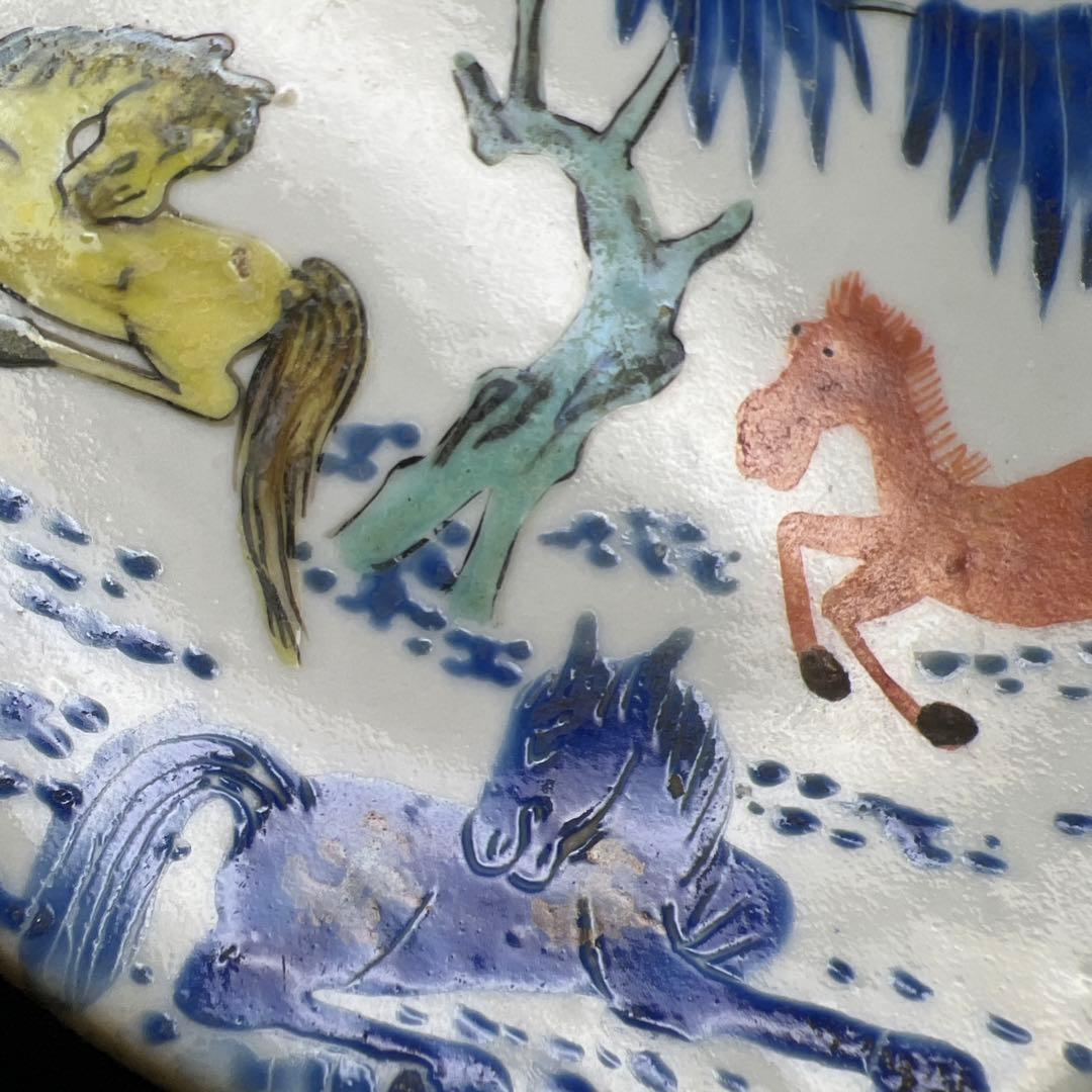 中国清朝時代　南京赤絵馬図小皿11枚　木箱付　東Y8-0109☆2F